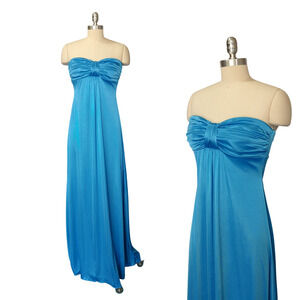 Vintage 90s Y2K Blue Satin Prom Dress Size S XOXO Strapless Grecian Formal Dance